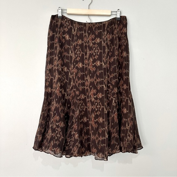 Lauren Ralph Lauren Skirt Brown Aztec Southwest Silk Cotton A-Line Midi Sz 10 - Picture 1 of 9